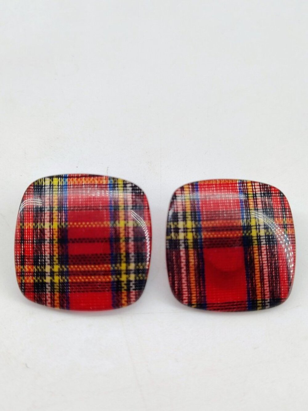 Vintage Style Red Plaid Tartan Clip-On Earrings Fashion Jewelry Retro Square